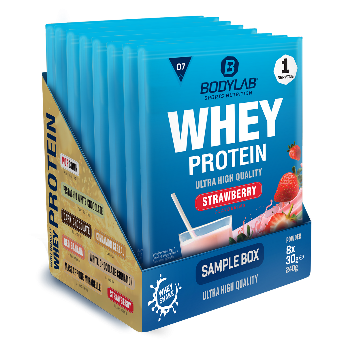 Whey Protein Probierboxen (8 Proben je 30g) Box 7: Cinnamon Cereal, Dark Chocolate, Popcorn, Red Banana, White Chocolate Pistachio, White Chocolate Cinnamon, Mascarpone Mirabelle, Erdbeere.