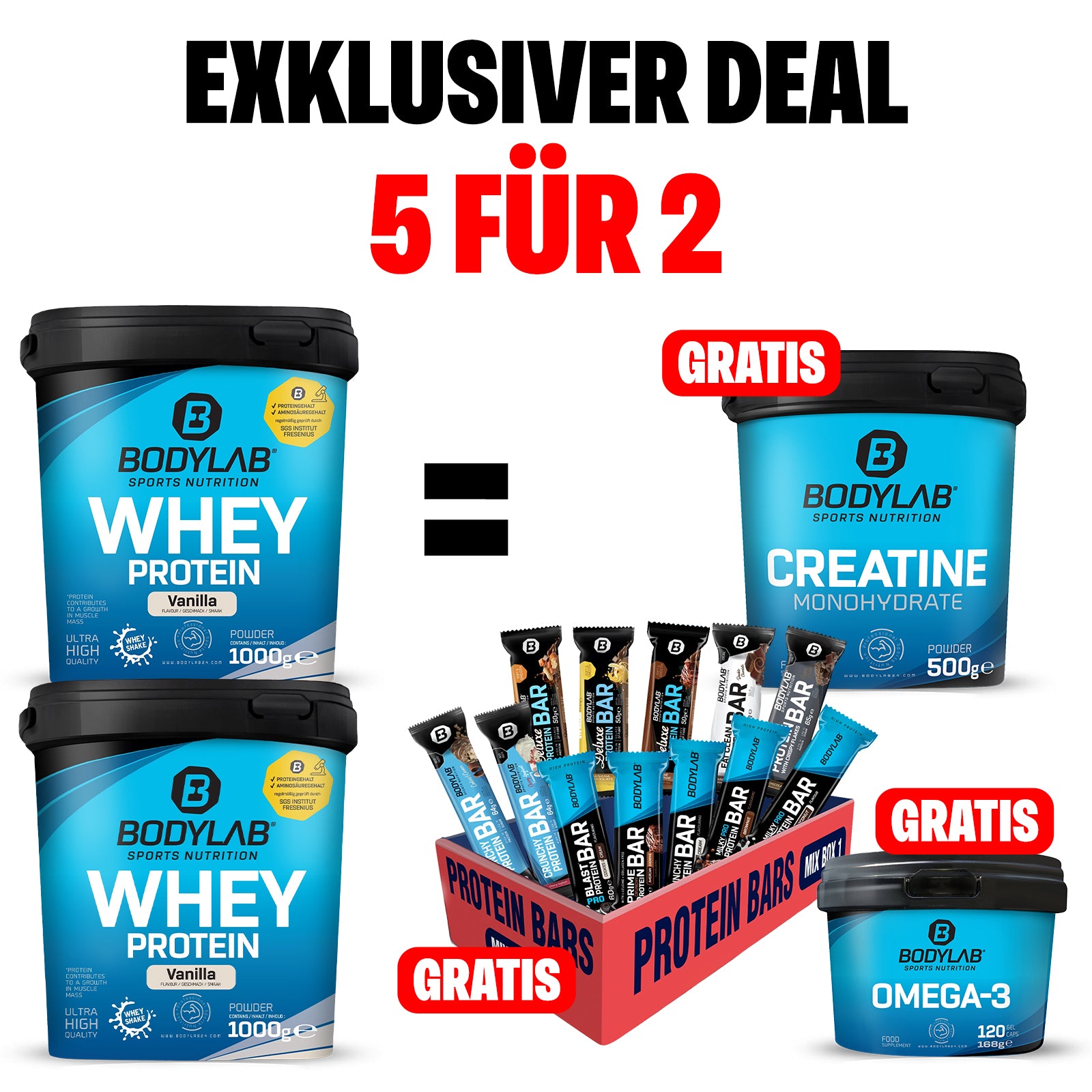EXKLUSIVER DEAL: 5Für2 Protein-Powerpack mit Gratis Creatine + Omega-3 + Riegel Mix Box