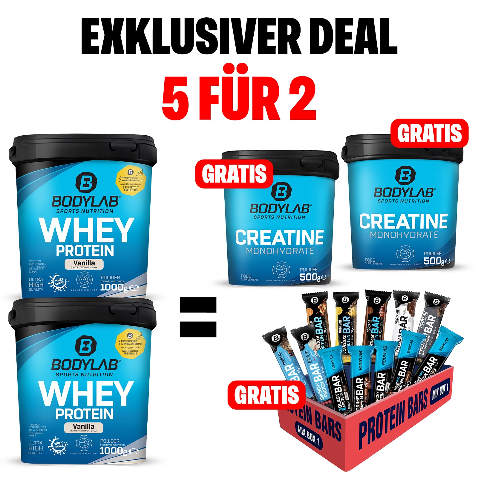 EXKLUSIVER DEAL: 5Für2 Protein-Powerpack mit 2 x 500 g Creatine + 1 x Riegel Mix Box GRATIS