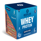 Whey Protein Probierboxen (8 Proben je 30g) Box 5: Blueberry Muffin – Fruit Punch – Strawberry Chocolate Yogurt – Coconut Cream – Chocolate Butter Biscuit – Vanilla Almond – Cinnamon Cereal Dark Chocolate and Chocolate Pistachio.