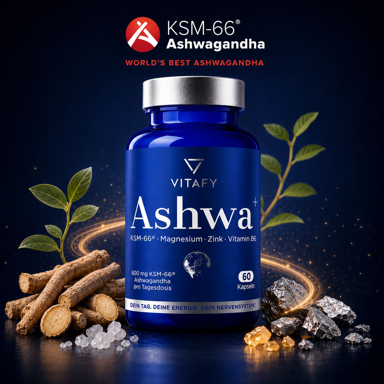 Ashwa+ Ashwagandha KSM-66® mit Magnesium, Zink & Vitamin B6 (60 Kapseln)