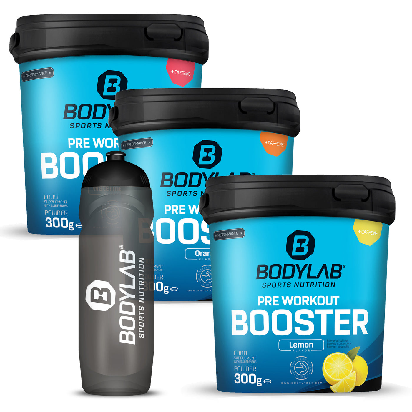 3 x Pre Workout Booster (je 300g)   Trinkflasche 3 x Pre Workout Booster (je 300g)   Trinkflasche