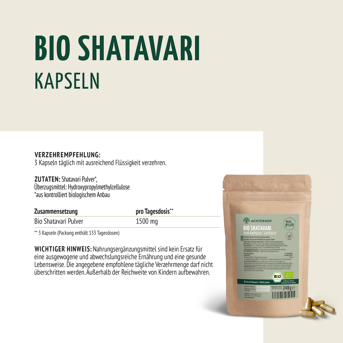 Bio Shatavari Kapseln Nachfüllpack (400 Kapseln)